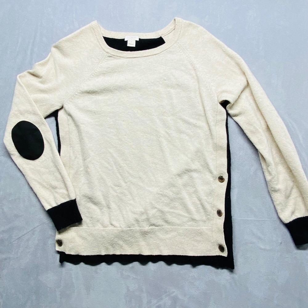 J Crew‎ Sweater Womens Medium Beige Black Elbow Patch Side Button Knit Pullover